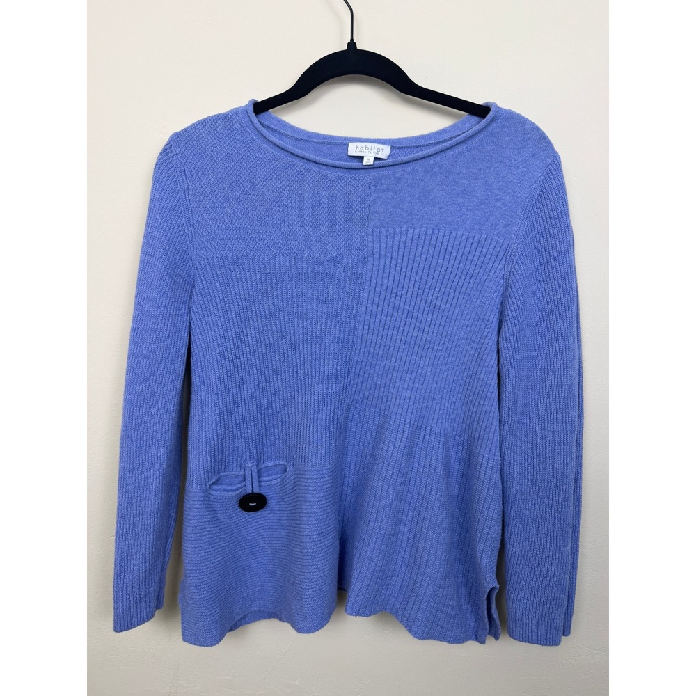 Habitat Mix Stitch Pullover Women's M Blue Cotton Knit Sweater Pocket Coastal